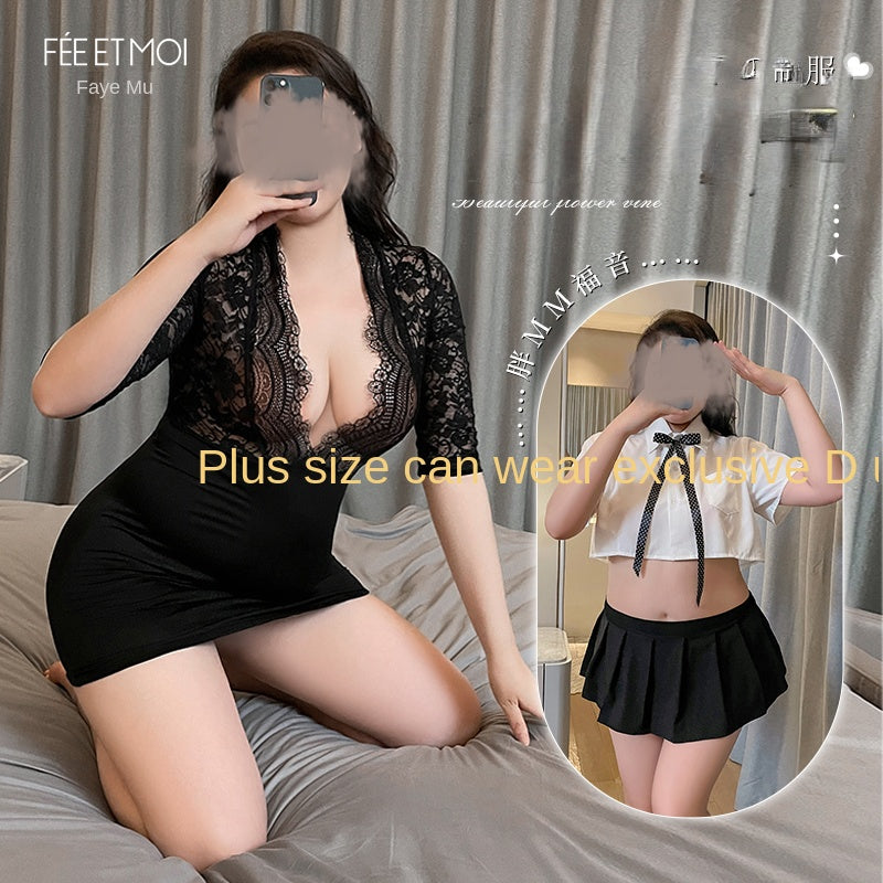 Plus-size combination sexy perspective underwear open file free uniform maid set silk stockings European and American passion