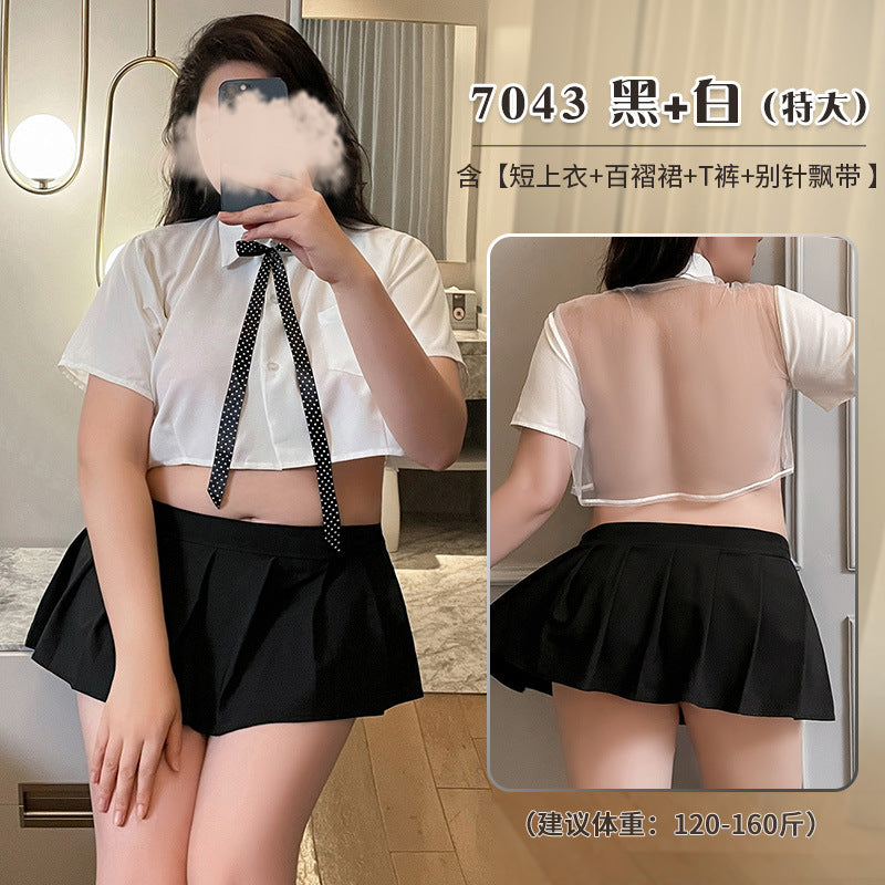 Plus-size combination sexy perspective underwear open file free uniform maid set silk stockings European and American passion