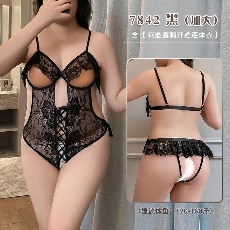 Plus-size combination sexy perspective underwear open file free uniform maid set silk stockings European and American passion